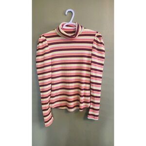 Maeve Anthropologie Neon Striped Puff Sleeve Turtleneck Top Sz Medium Retro 70s